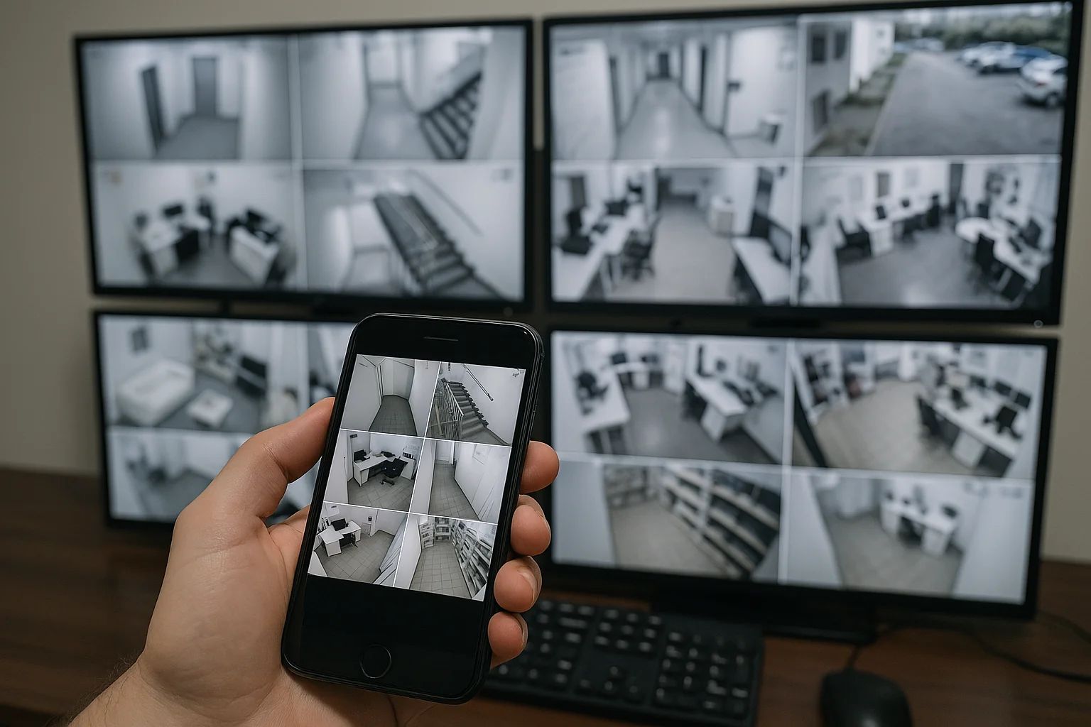 Monitoreo de cámaras de seguridad en múltiples pantallas